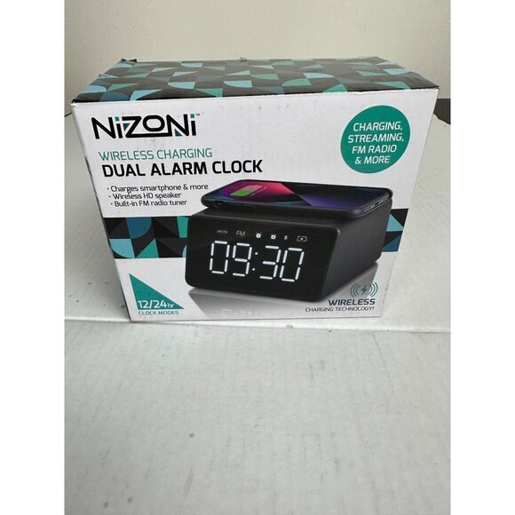 Nizoni Wireless Charging Dual Alarm Clock, USB Type C Charging Port  OS Black Ne - Picture 1 of 10